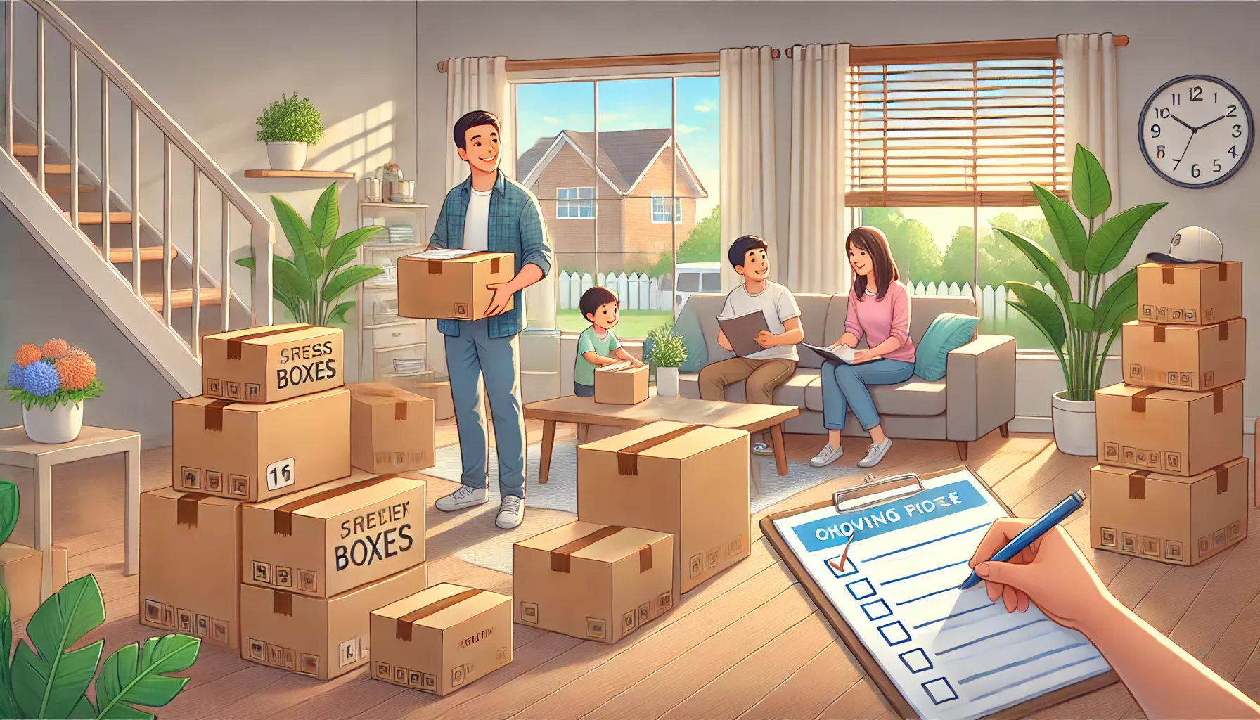 flyttlador Ett mysigt vardagsrum med märkta flyttlådor, en planner på ett bord och en glad familj som organiserar en stressfri flytt. Solljus strömmar in genom ett fönster och skapar en lugn atmosfär.